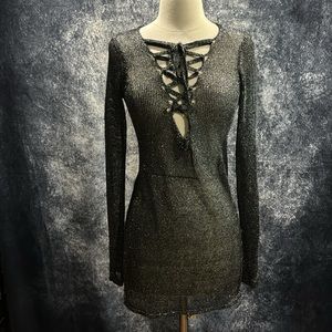 Black silver gunmetal sheer knit lace up long sleeve mini dress